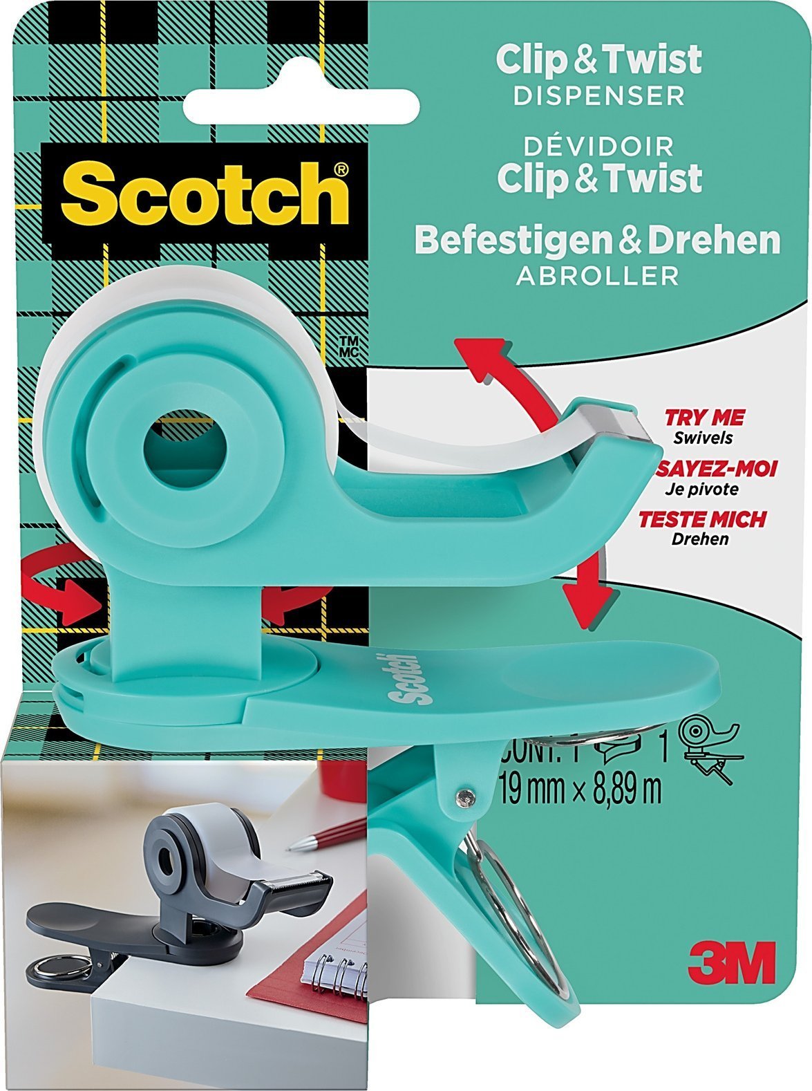 Scotch Dyspenser do taśm SCOTCH® Clip&Twist (C-19-CLIP), w zestawie taśma Magic 19mmx8,89m, zielony