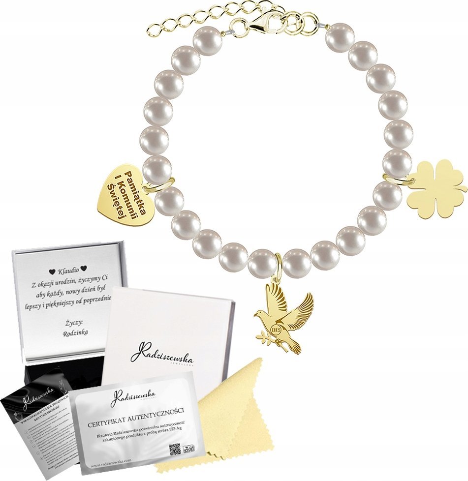 MEJK Jewellery Bransoletka Złota Gołąb IHS Serce Koniczyna z Grawerem 925 I KOMUNIA ŚWIĘTA
