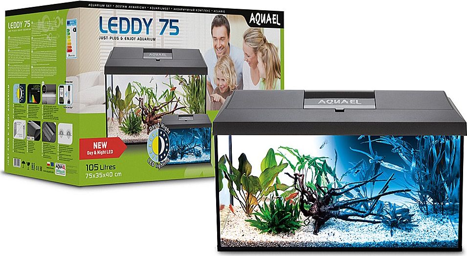 Aquael AQUAEL Leddy Day & Night Set 75 Black (122440) - Kompletny zestaw akwariowy z oświetleniem LED Day & Night, filtrem i grzałką