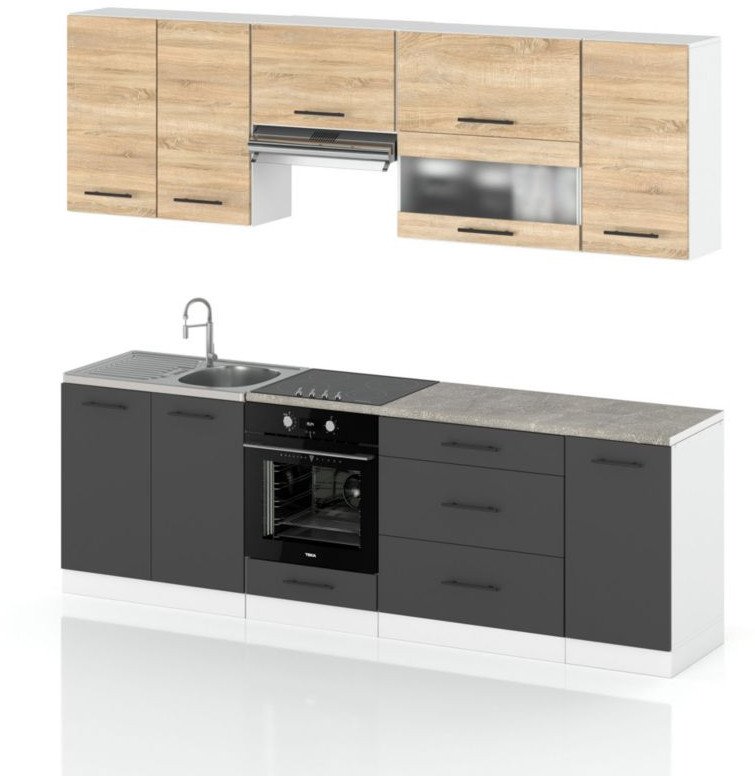 Meble Kuchenne Szare Z Drewnem Marocco 2.6m Nowoczesne Dąb Sonoma Szary Mat