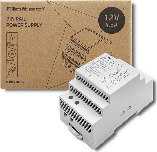 Qoltec Zasilacz na szynę DIN 54W | 12V | 4.5A | Szary