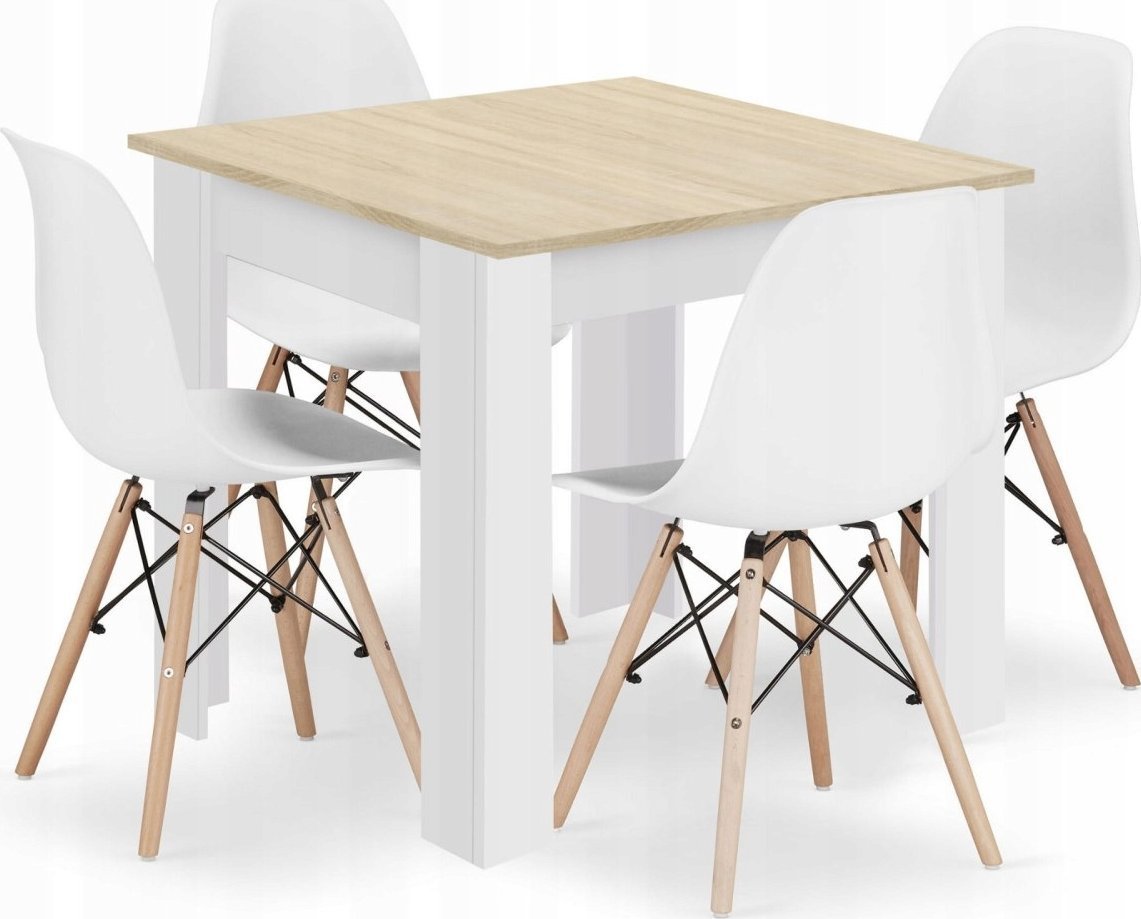 Leobert Zestaw stół kwadratowy 80x80 dąb sonoma + 4 krzesła OSAKA białe