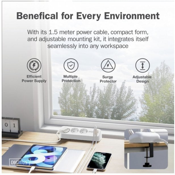 Listwa zasilająca Digitus Listwa zasilająca biurkowa, 3 gniazda Schuko, 2x USB-A (2x 12W), 1x USB-C (30W) z zaciskiem na blat, kabel 1,5m, biały