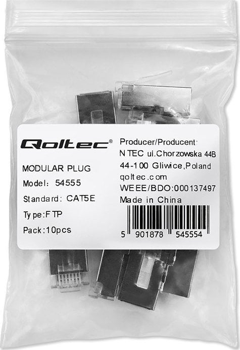 Qoltec Wtyk złącze modularne RJ45 | CAT5e | FTP | Pozłacane styki | 10 sztuk