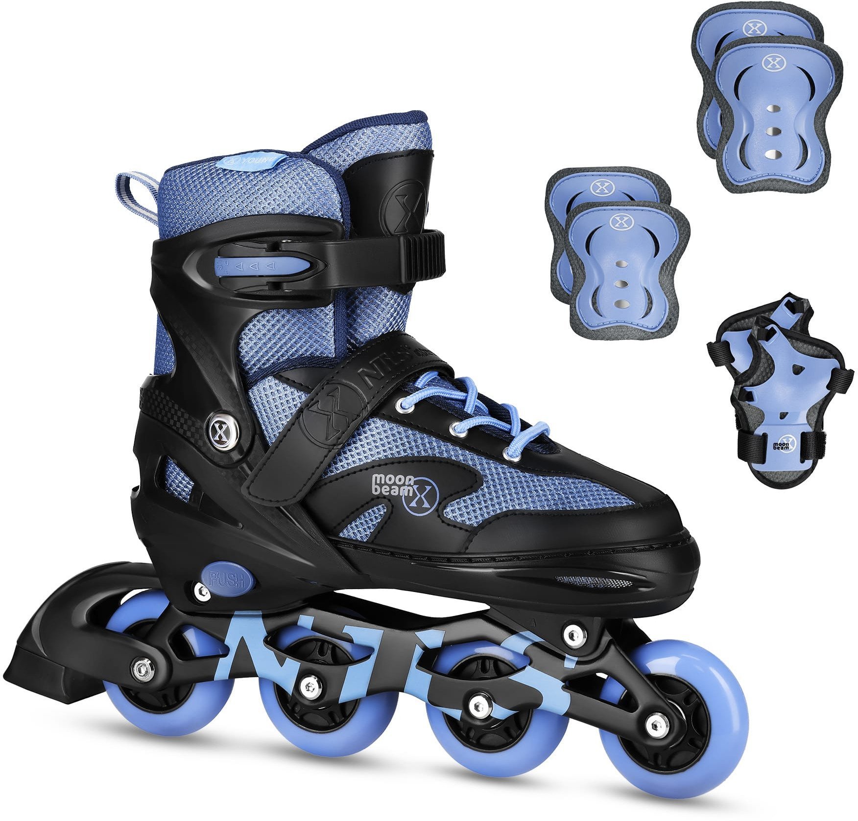 NA0189 ZESTAW LED ŁYŻWOROLKI OCHRANIACZE MOONBEAM NIEBIESKIE ROZM. L(39-42) NILS EXTREME