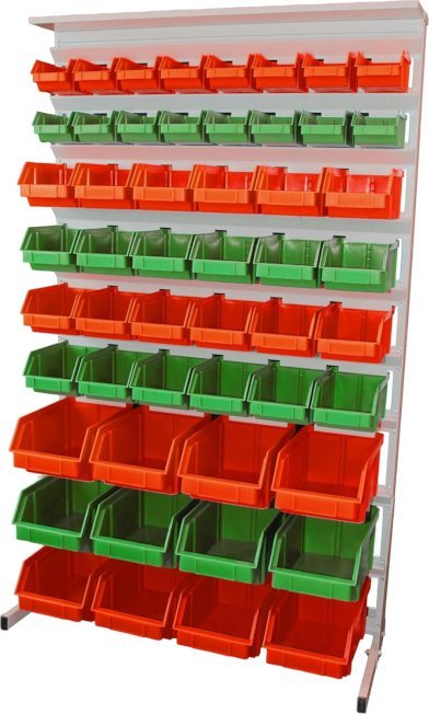 Leomar Regał do pojemników warsztatowych, jednostronny. Wym. 1560x940x400 mm z półką 52 pojemniki, zielone, czerwone