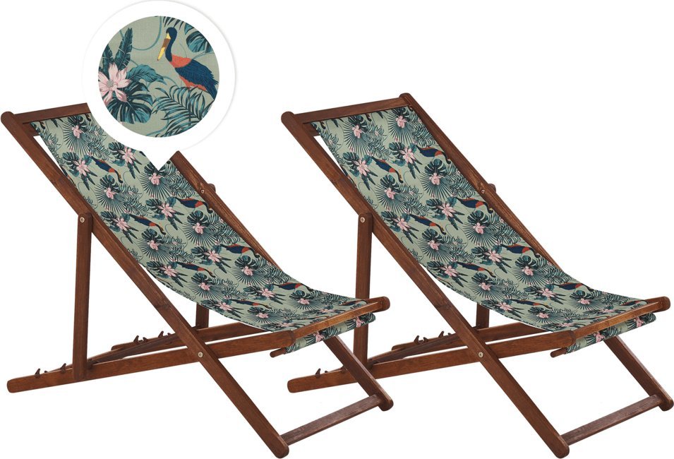 Beliani Zestaw 2 leżaków ogrodowych ciemne drewno akacjowe wzór w pelikany ANZIO