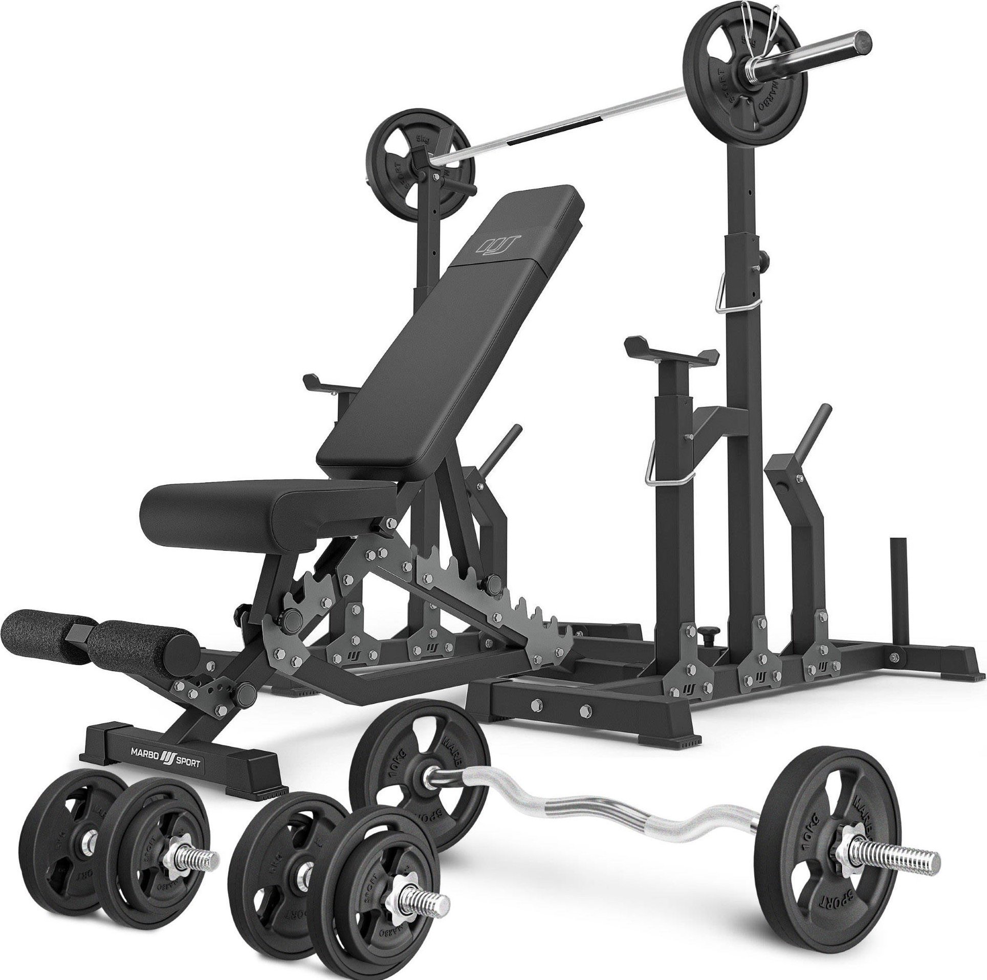 Zestaw MS2_2.0_83KG_G | Ławka dwustronna + stojaki regulowane + zestaw gryfów i obciążeń gumowanych 83 kg- Marbo Sport