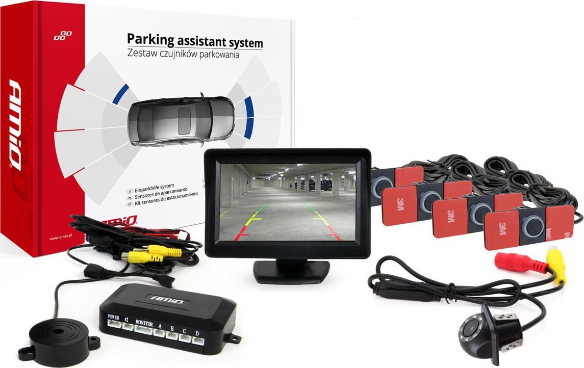 AMiO Zestaw czujników parkowania tft 4,3" z kamerą hd-305 led 4 sensory czarne wewnętrzne