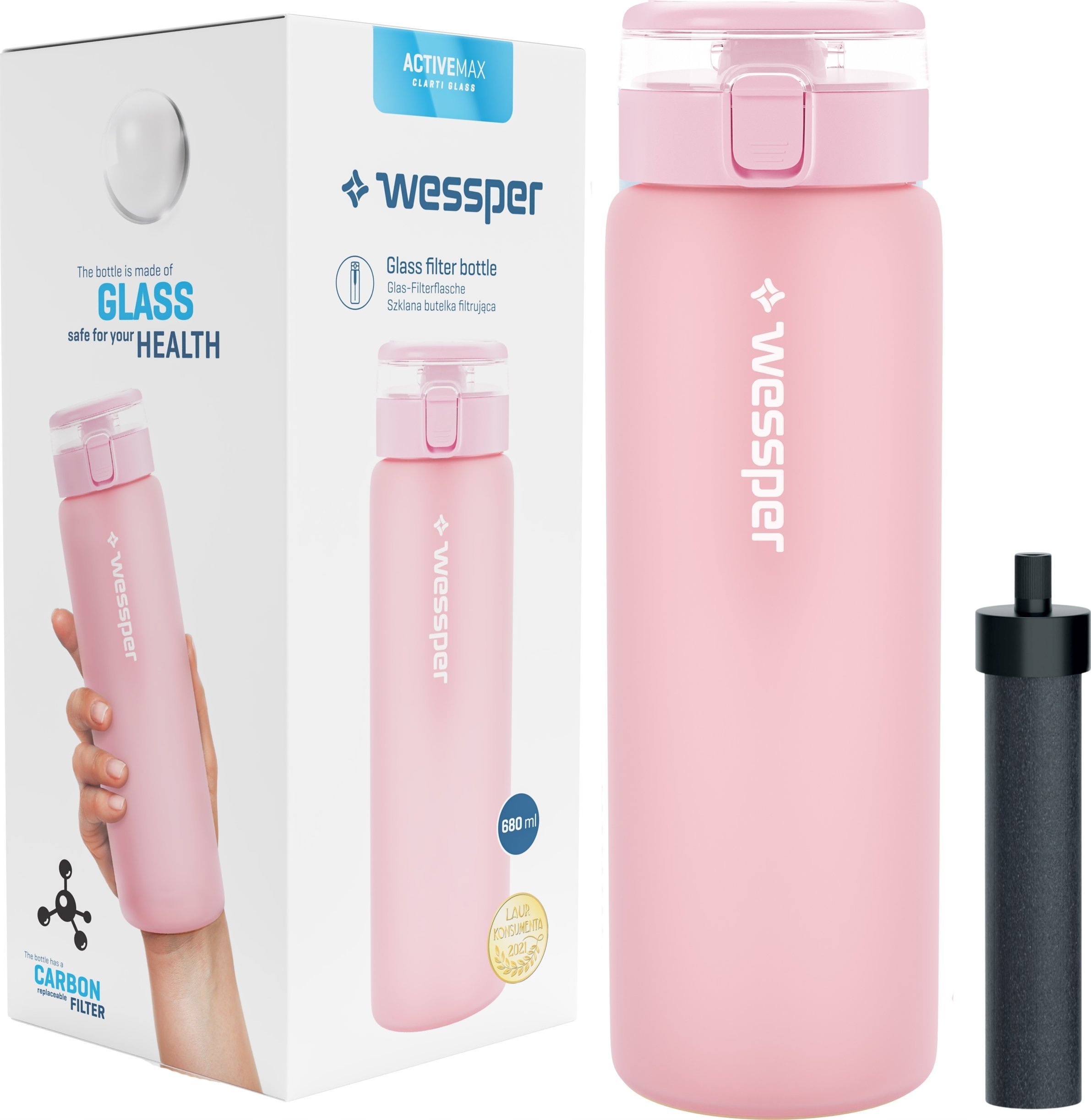 Wessper Szklana butelka ActiveMax 680ml różowa
