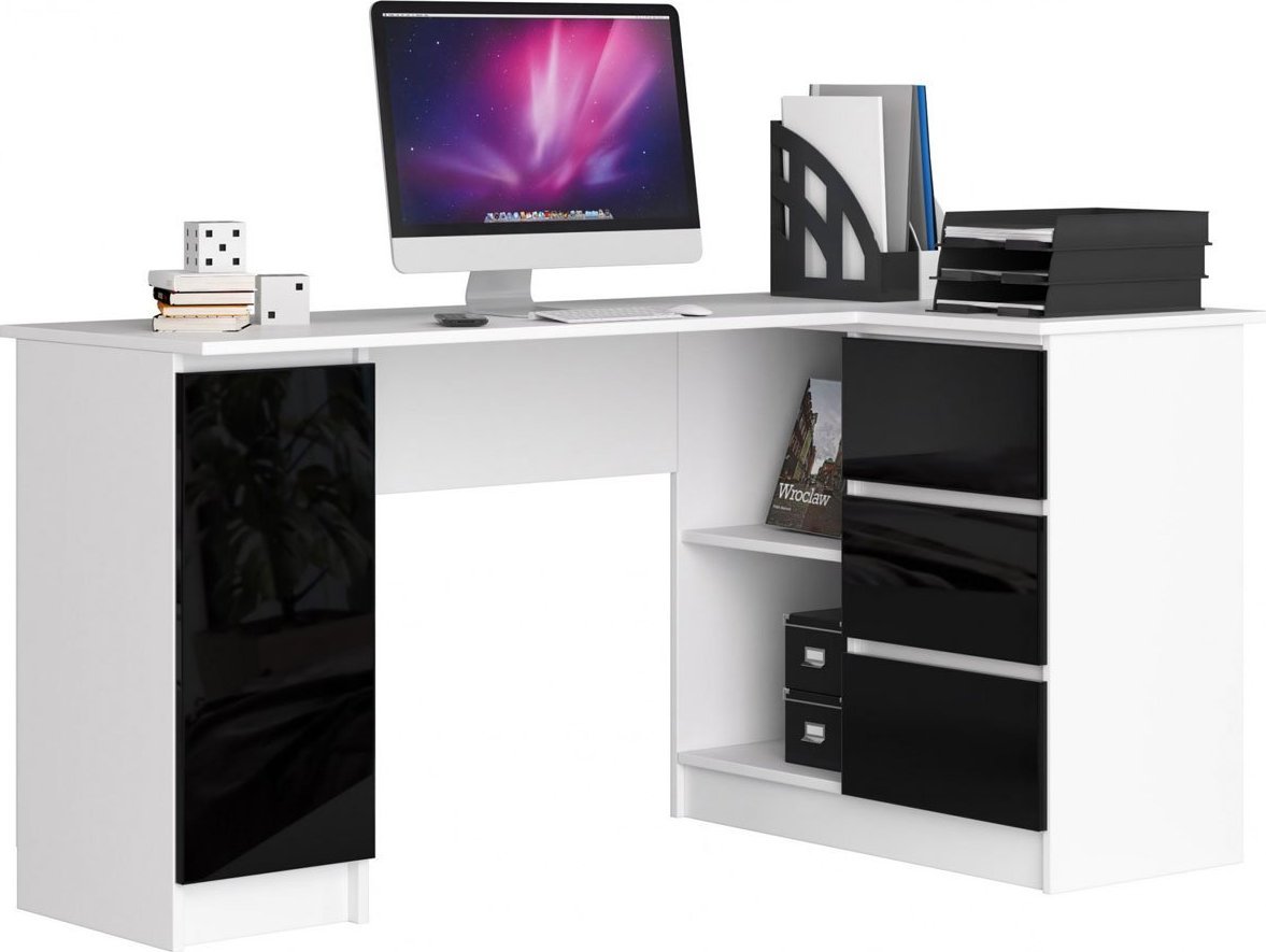 Elior Biurko narożne komputerowe biały + czarny połysk prawostronne - Osmen 6X