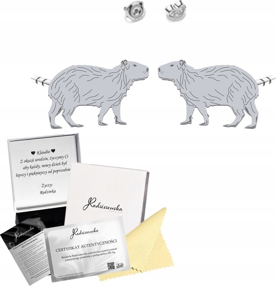 Radziszewska Jewellery Kolczyki Srebrne KAPIBARA Sztyfty Prezent Biżuteria 925 ŻYCZENIA GRATIS