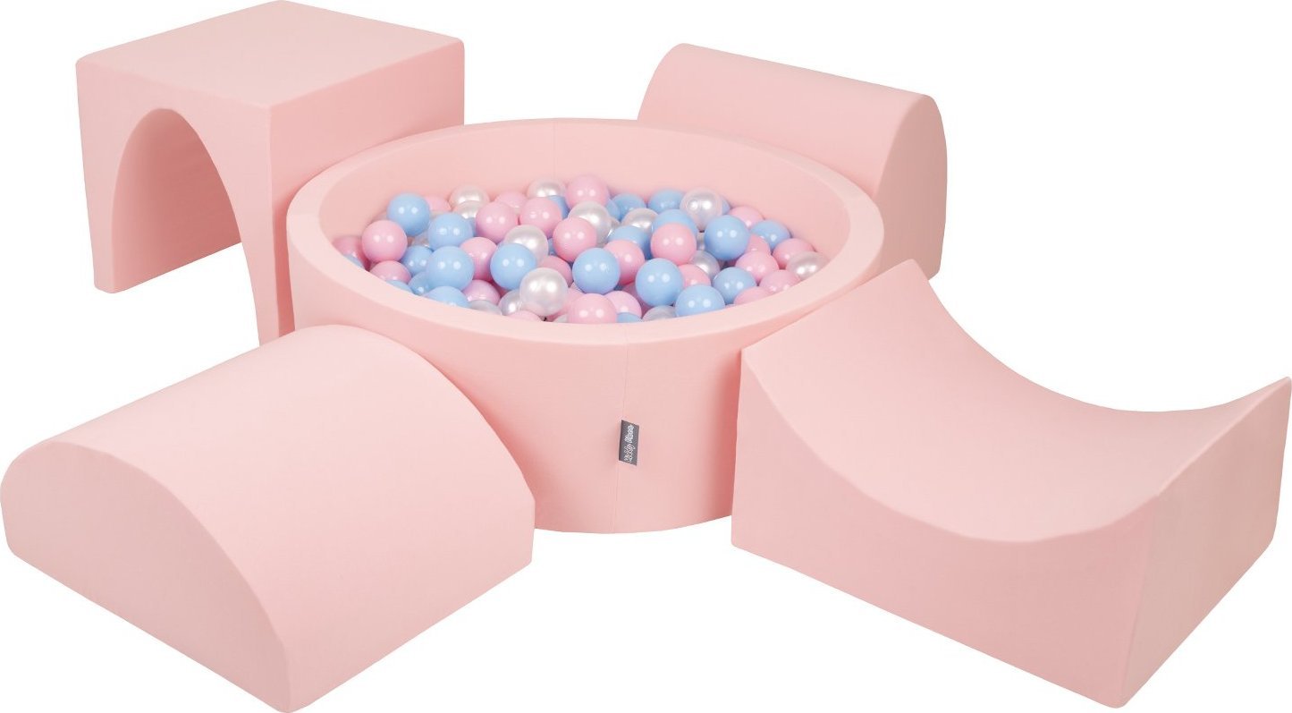 KiddyMoon Piankowy plac zabaw PPZP-OK30D-135 z piłeczkami różowy: babyblue-pudrowy róż-perła basen 300/górka/tunel/rampa L/półwałek L Zabawka plac zab