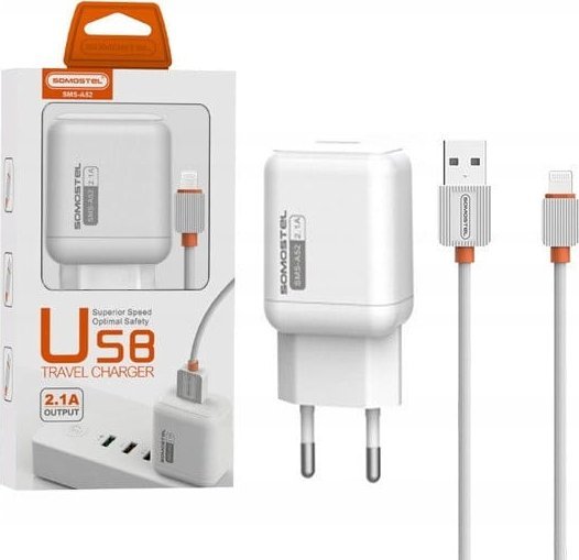 Ładowarka ŁADOWARKA SIECIOWA 2A + KABEL IPHONE BIAŁY SOMOSTEL 2100MA USB-C SMS-A52 10W