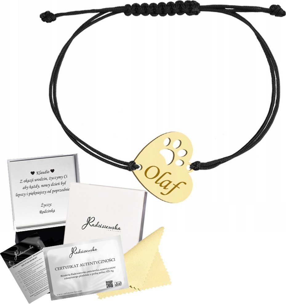 Radziszewska Jewellery Bransoletka Złota z ŁAPKĄ PSA KOTA Imię Pupila Serce Sznurek 925 GRAWER