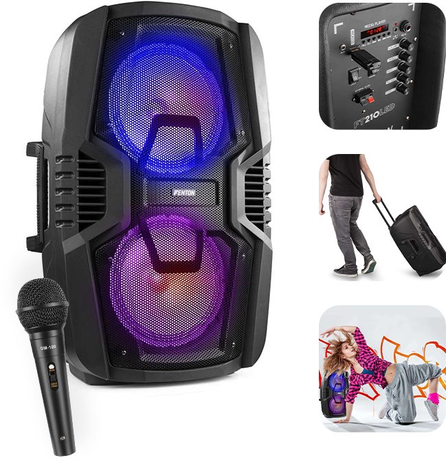 Głośnik mobilny Fenton 2x 10" FT210LED, zestaw karaoke z Bluetooth - 700W one size