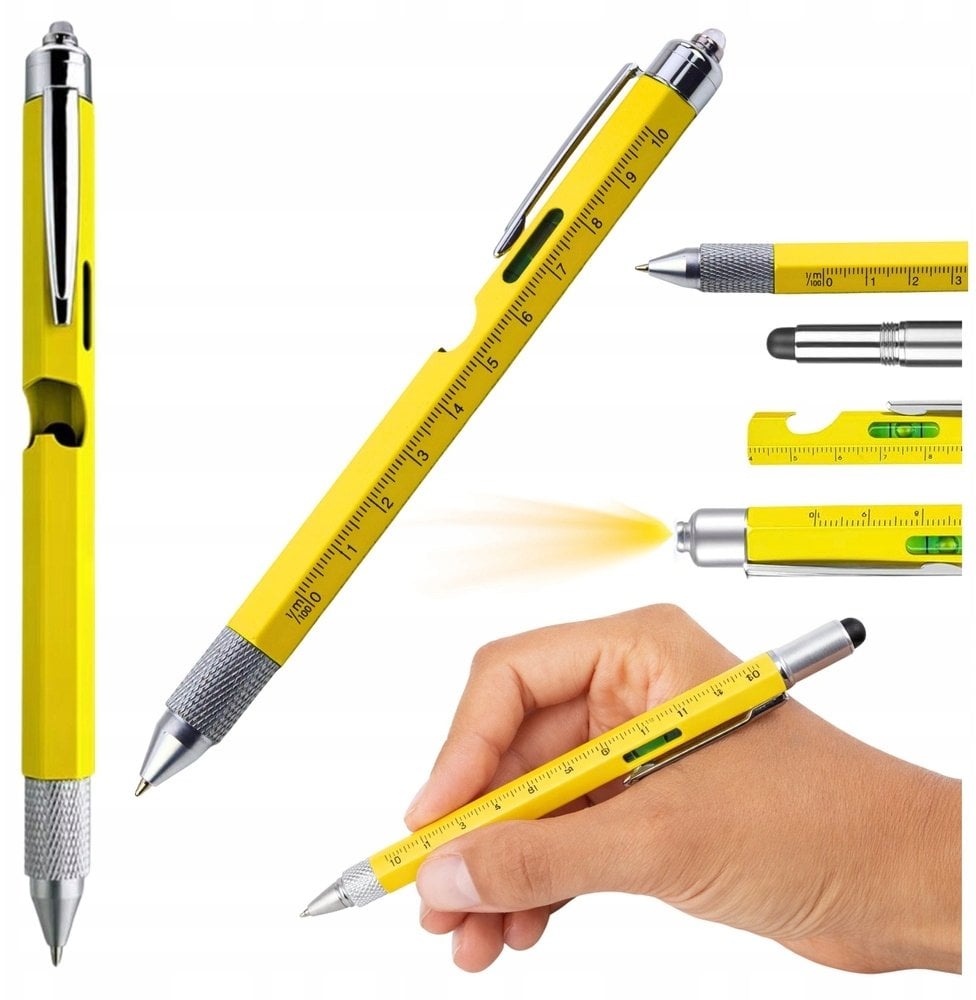 Długopis Wielofunkcyjny 8w1 Poziomica Latarka LED Śrubokręt Żółty