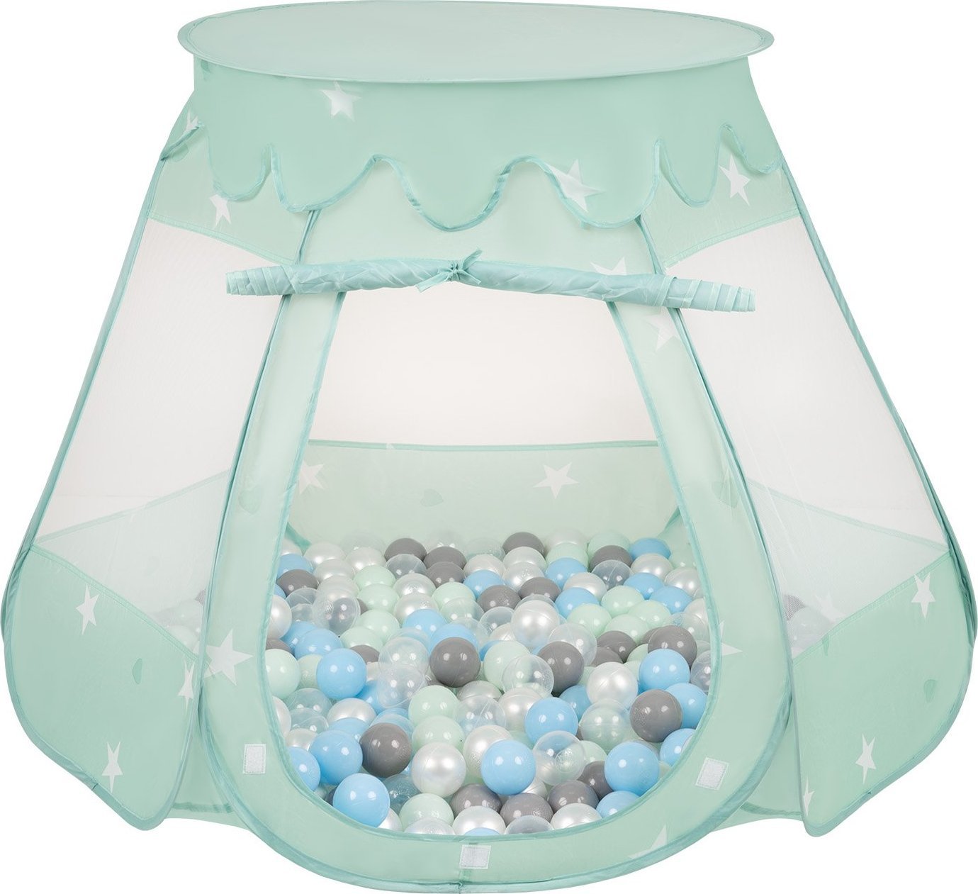 Selonis Selonis Namiot zamek NZ-100X z piłeczkami 6cm miętowy: perła-szary-transparent-babyblue-mięta 105x90cm/300piłek Zabawka namiot dla dzieci