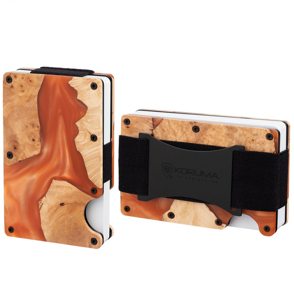 Aluminiowe etui z gumką na karty zbliżeniowe RFID (drewno + pomarańczowa żywica) Uniwersalny