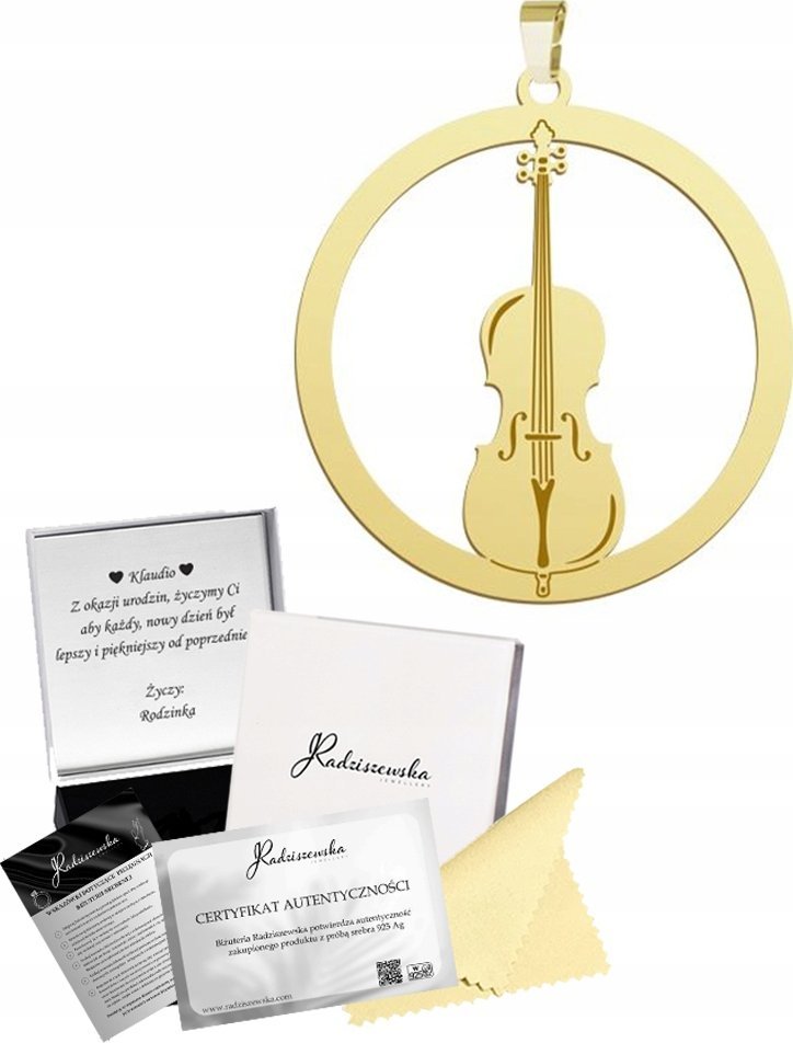 Radziszewska Jewellery Zawieszka Złota Wiolonczela Wisiorek 925 Prezent Biżuteria GRAWER GRATIS
