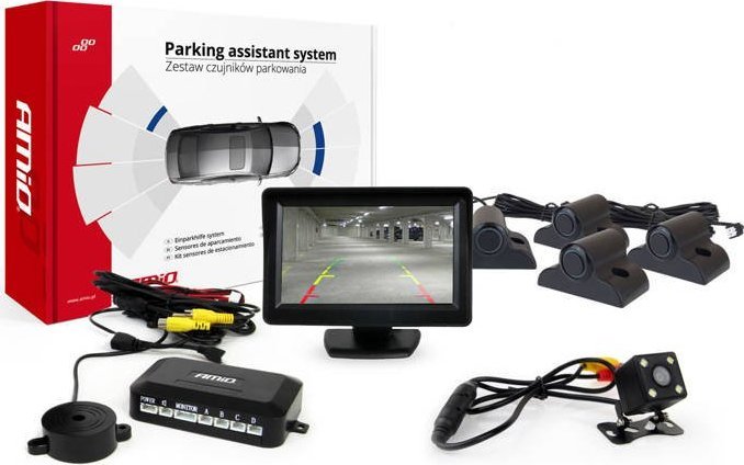 AMiO Zestaw czujników parkowania tft01 4,3" z kamerą hd-315-led 4 sensory czarne truck