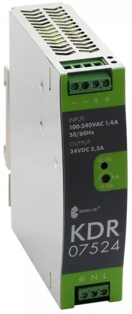 SilentiumPC Zasilacz impulsowy KDR 07524 230/ 24VDC 3,2A 76,8W na szynę DIN, Napięcie: 88-264VACVAC, Ta70, 17000-1824