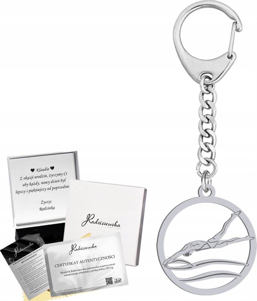 Radziszewska Jewellery Brelok do Kluczy Pływak Pływanie SREBRO 925 Prezent Mężczyzna GRAWER GRATIS