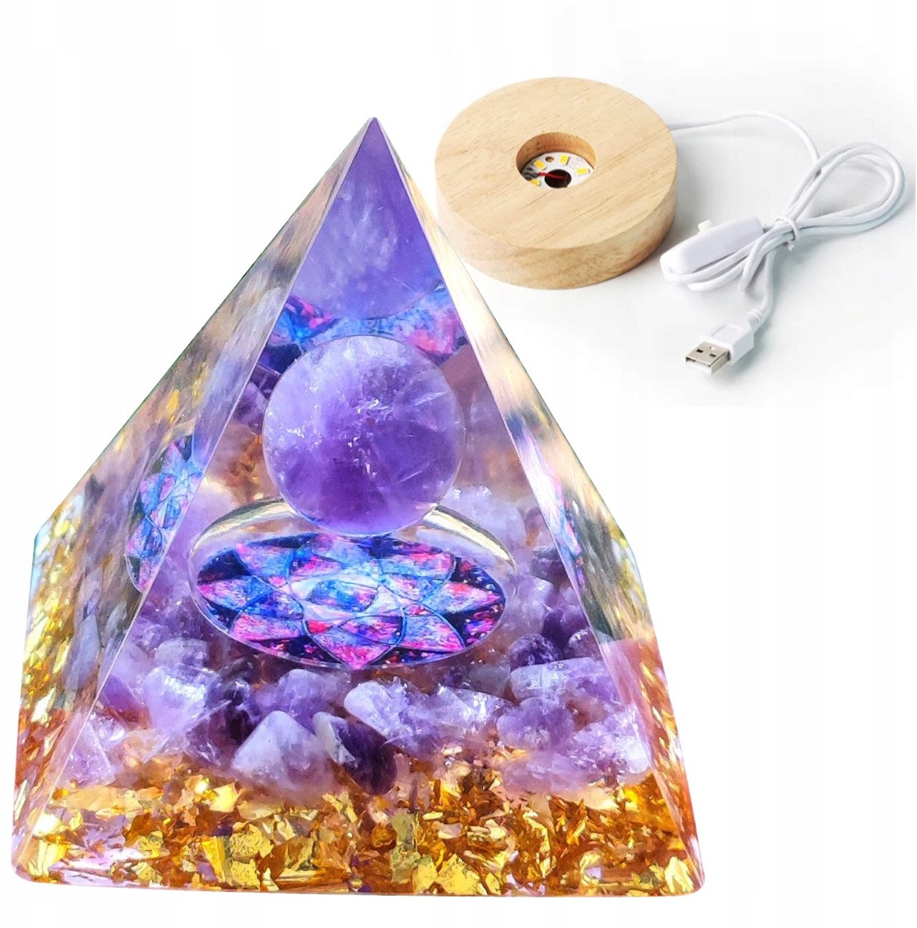 Piramida ORGONIT +LED Lampka PODSTAWA 5cm KRYSZTAŁ KAMIENIE AMULET 5cm HX04