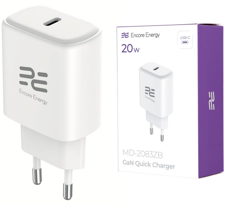 Ładowarka sieciowa GaN 20W USB-C QC PD Encore Energy MD-2083ZB standard