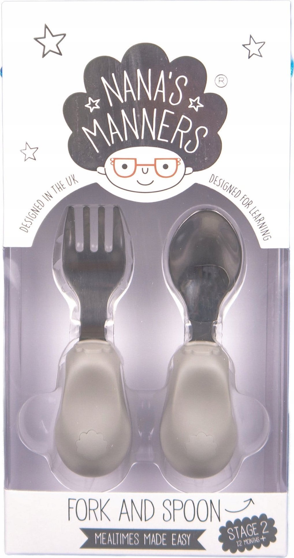 Nana`s Manners Nana's Manners, ETAP 2, Sztućce do samodzielnego jedzenia, widelec i łyżka, szare, 1-3 lat