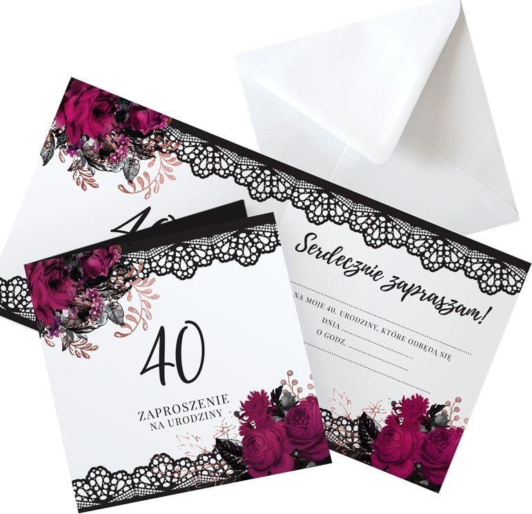 ZAPROSZENIA na 40 urodziny z koronką 10szt (+koperty)