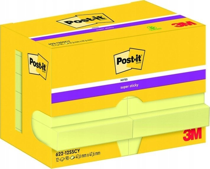 Post-It 3M Karteczki samoprzylepne POST-IT® Super Sticky (622-12SSCY-EU), 47,6x47,6 mm, 12x90 kart., żółte