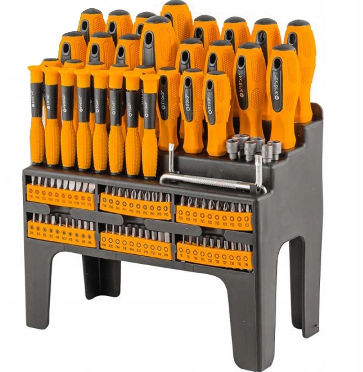 Zestaw wkrętaków i bitów w plastikowym stojaku 100el.