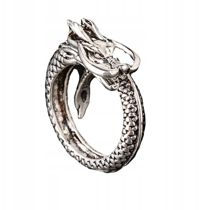 PIERŚCIEŃ Obrączka SYGNET SMOK REGULOWANY Vintage Unisex SREBRNY METALOWY