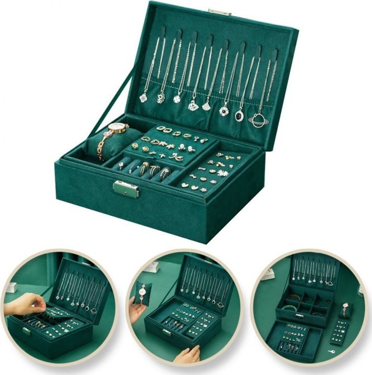 Szkatułka na biżuterię kuferek etui organizer butelkowa zieleń pudełko PD133