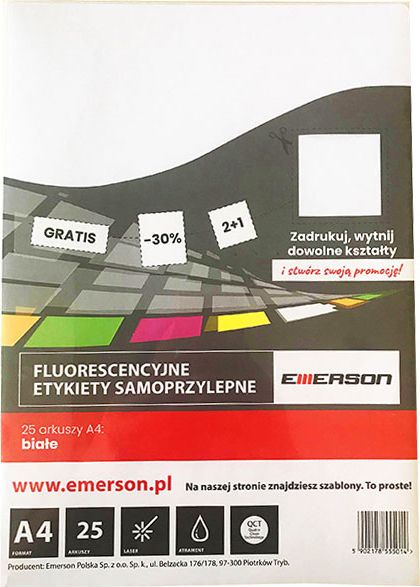 Emerson ETYKIETA EMERSON FLUORESENCYJNA BIAŁA 25 ARKUSZY