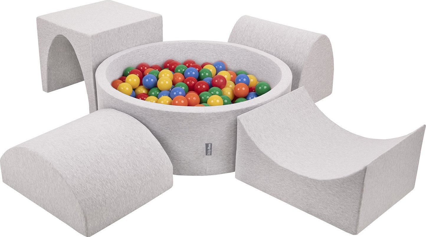 KiddyMoon Piankowy plac zabaw PPZP-OK30D-135 z piłeczkami jasnoszary: żółty-zielony-niebieski-czerwony-pomarańcz basen 200/górka/tunel/rampa L/półwałe