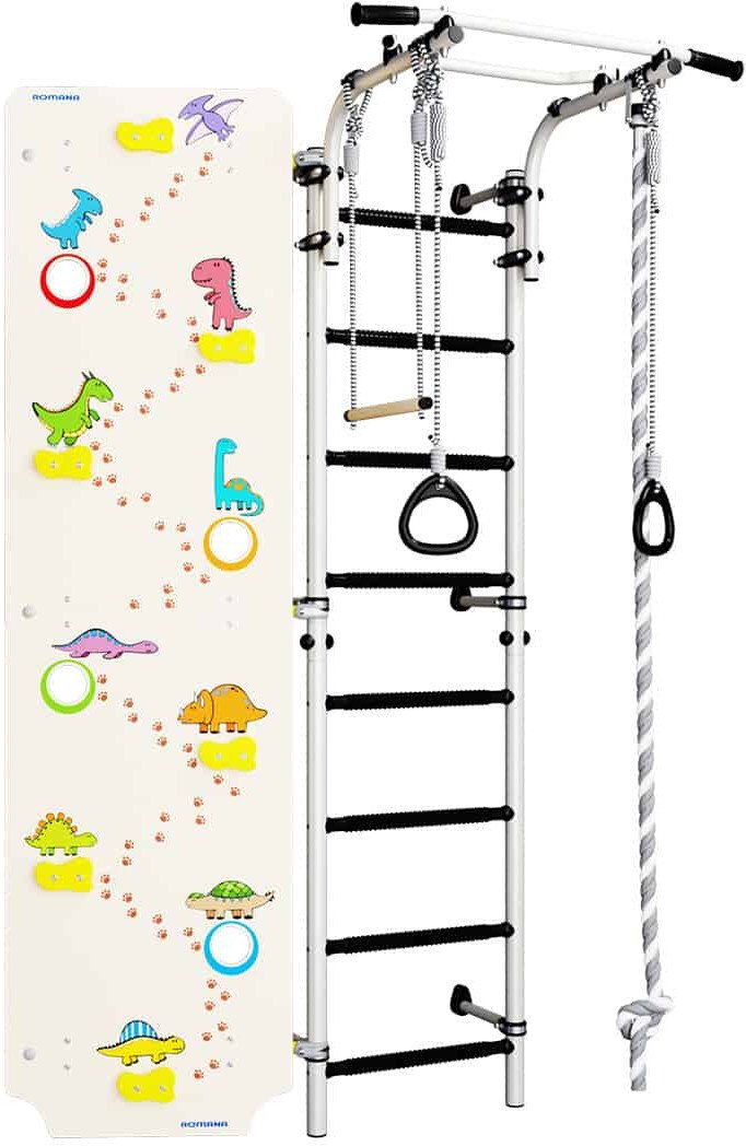 Drabinka gimnastyczna Next 1 biało-czarny + ścianka Dino 225 cm + huśtawka CE