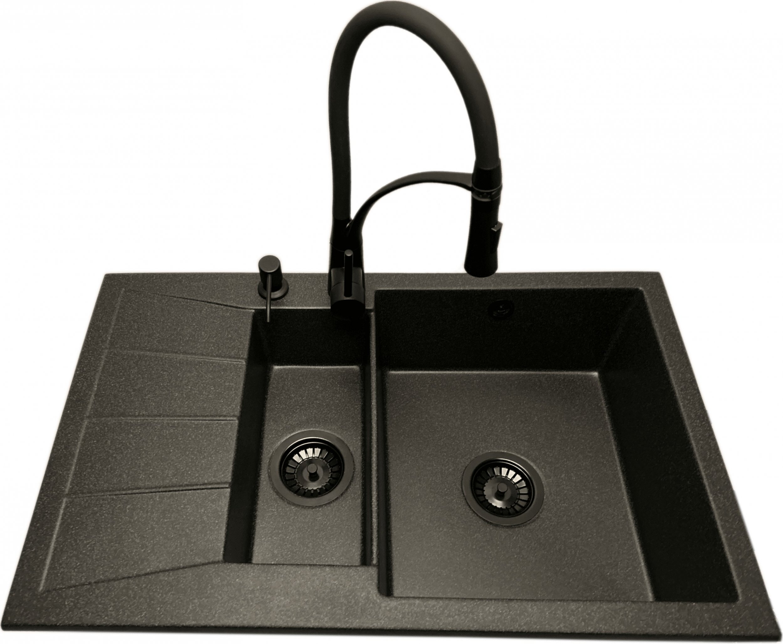 Zlewozmywak PREHNIT Zlewozmywak 1,5 komorowy z ociekaczem MILOS grafit z lewym ociekaczem + bateria NEXO + dozownik