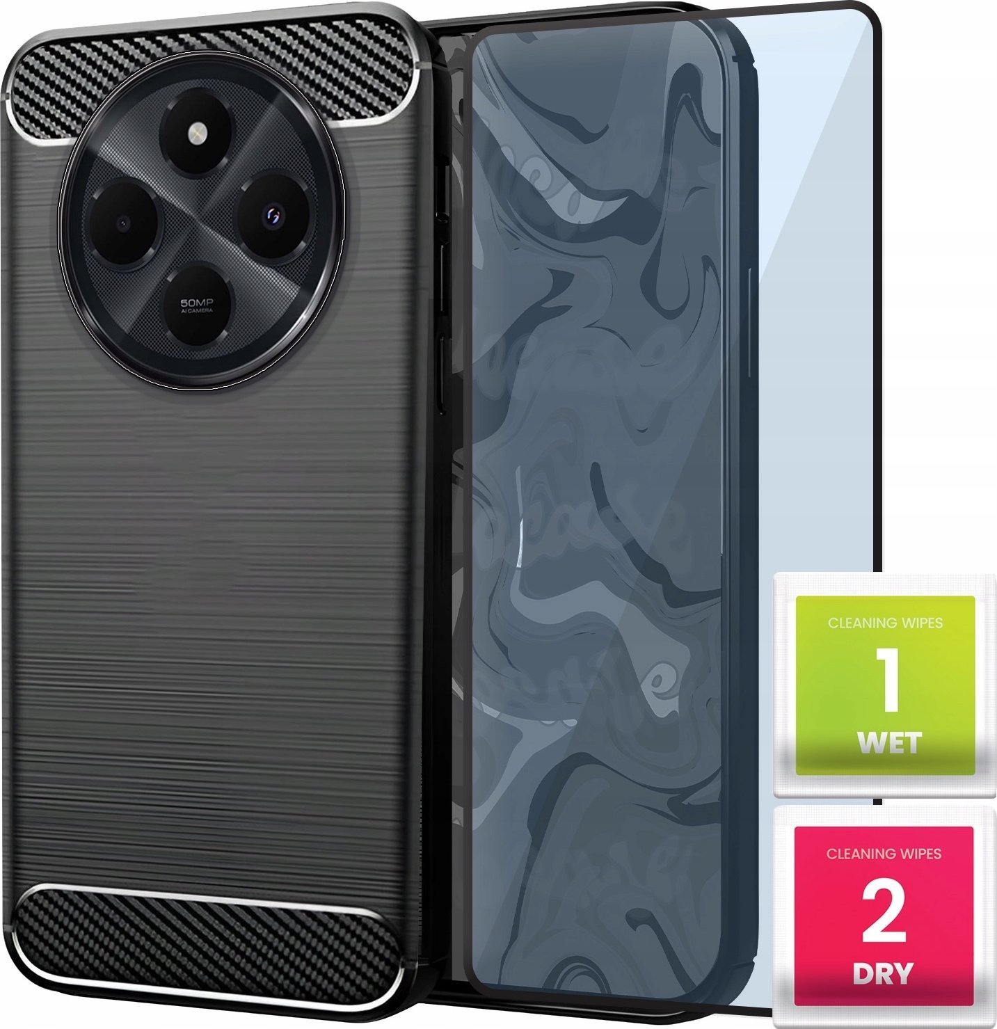 Etui do Xiaomi Redmi 14C (Czarne, Pancerne, Karbon, Case) SZKŁO 9H 5D