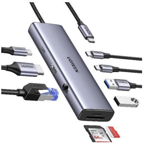 HUB UGREEN CM498 USB-C / 2xUSB-A, 2xUSB-C, HDMI, VGA, RJ45 1000Mbps, SD/TF, USB-C PD 100W szary