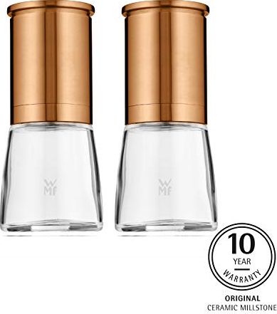 Młynek do przypraw WMF Zestaw młynek do soli i pieprzu WMF De Luxe, 2 sztuki, niewypełniony, 14 cm, stal nierdzewna Cromargan, szklany pojemnik, młyne