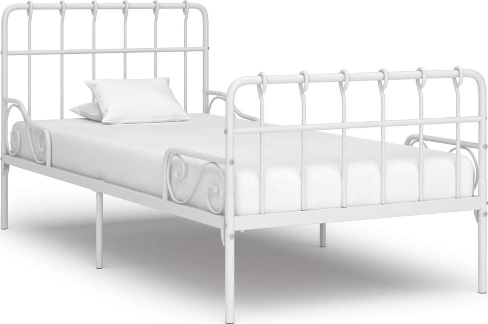 vidaXL Rama łóżka ze stelażem z listw, biała, metalowa, 90 x 200 cm
