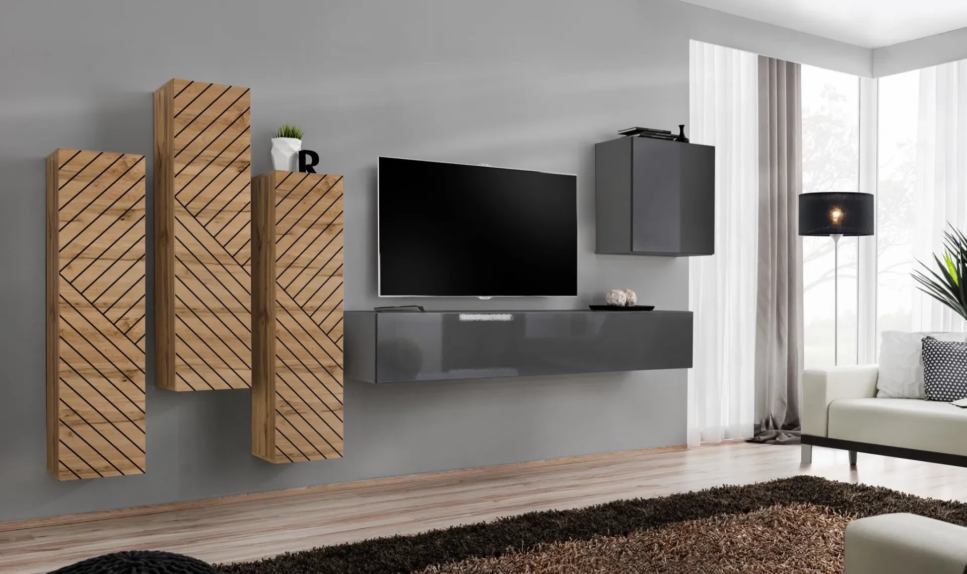 Meblościanka SWITCH LAMEL III dąb wotan/szara ASM Meble