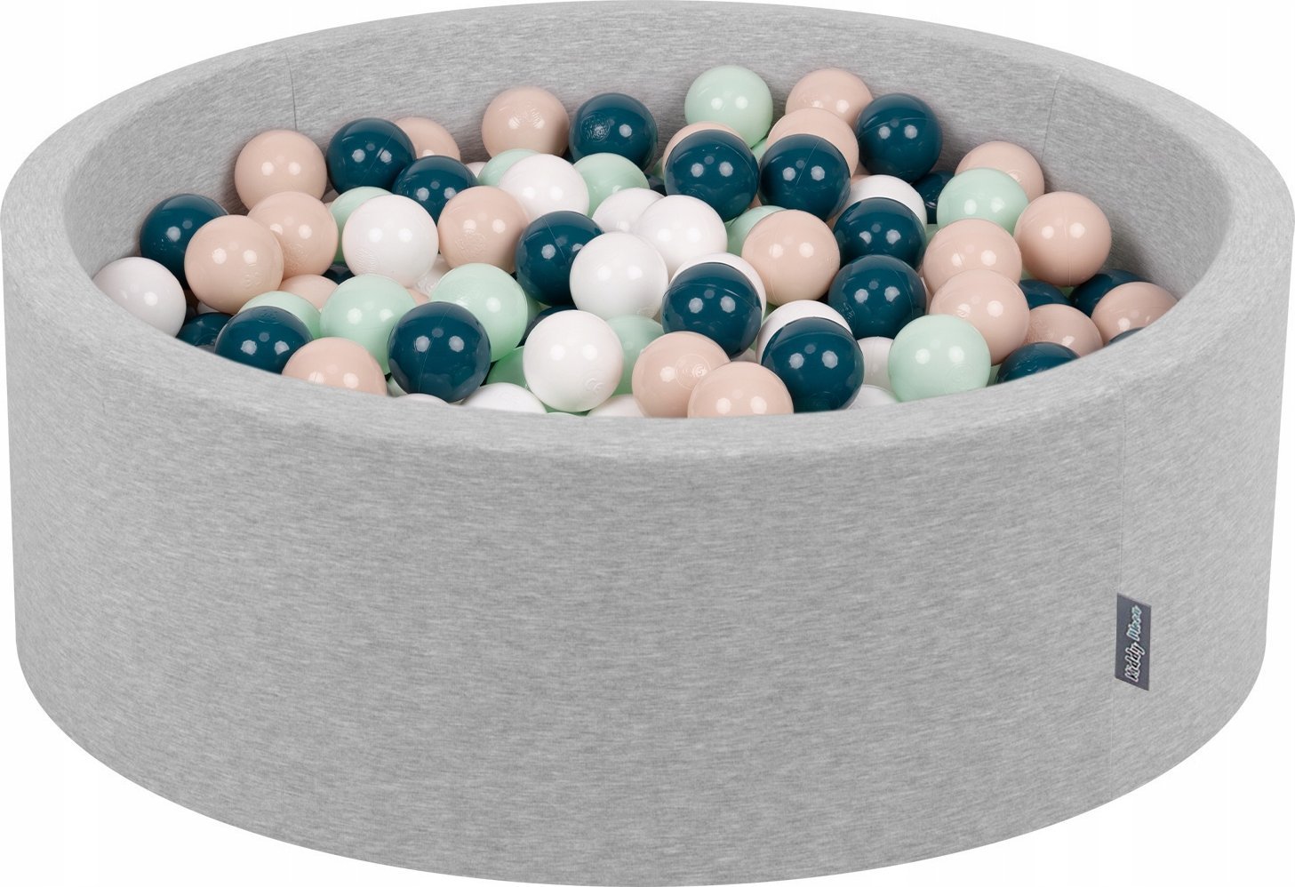 KiddyMoon Suchy basen okrągły z piłeczkami 7cm jasnoszary: ciemny turkus-pastelowy beż-biały-mięta 90x30cm/200piłek Zabawka basen piankowy