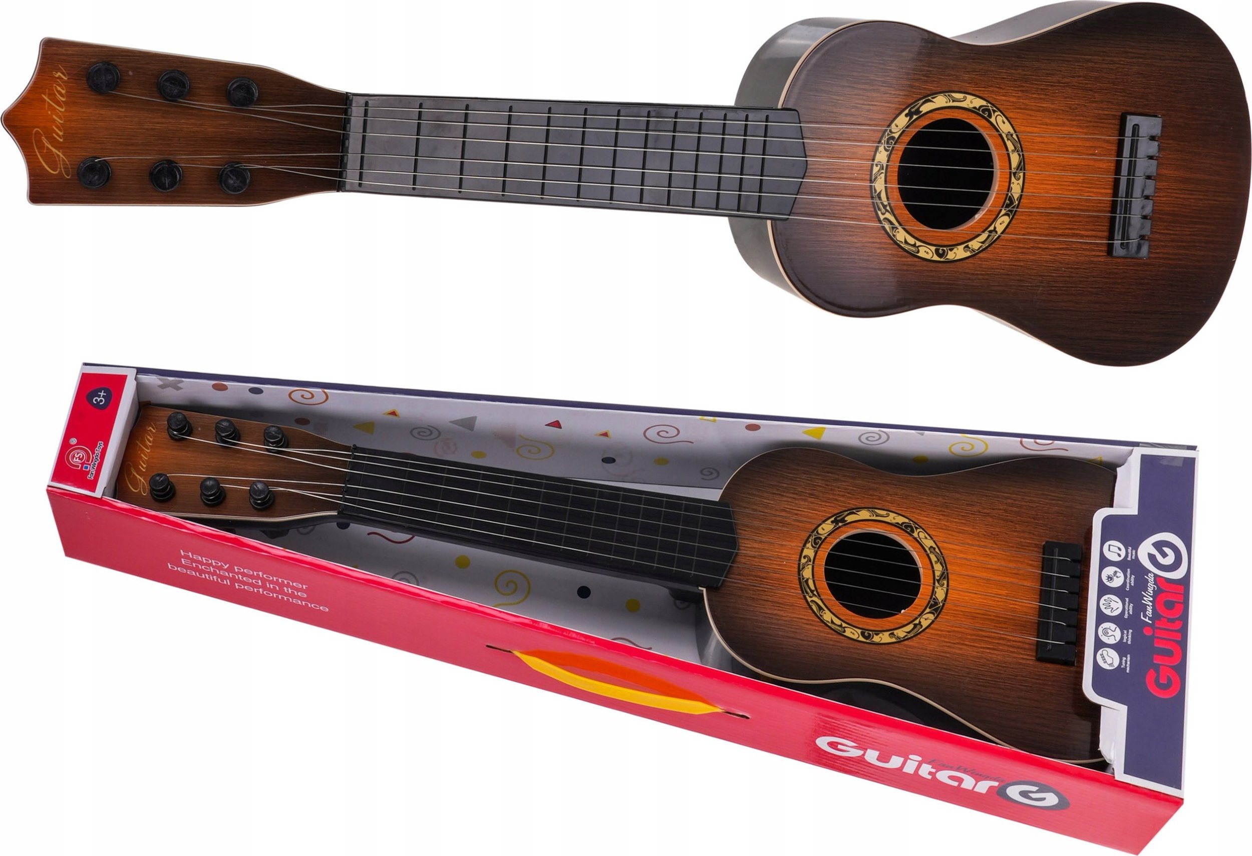 Ramiz Gitara Klasyczna dla dzieci 3+ Ciemny Brąz Zabawkowy Instrument + 6 Metalowych Strun