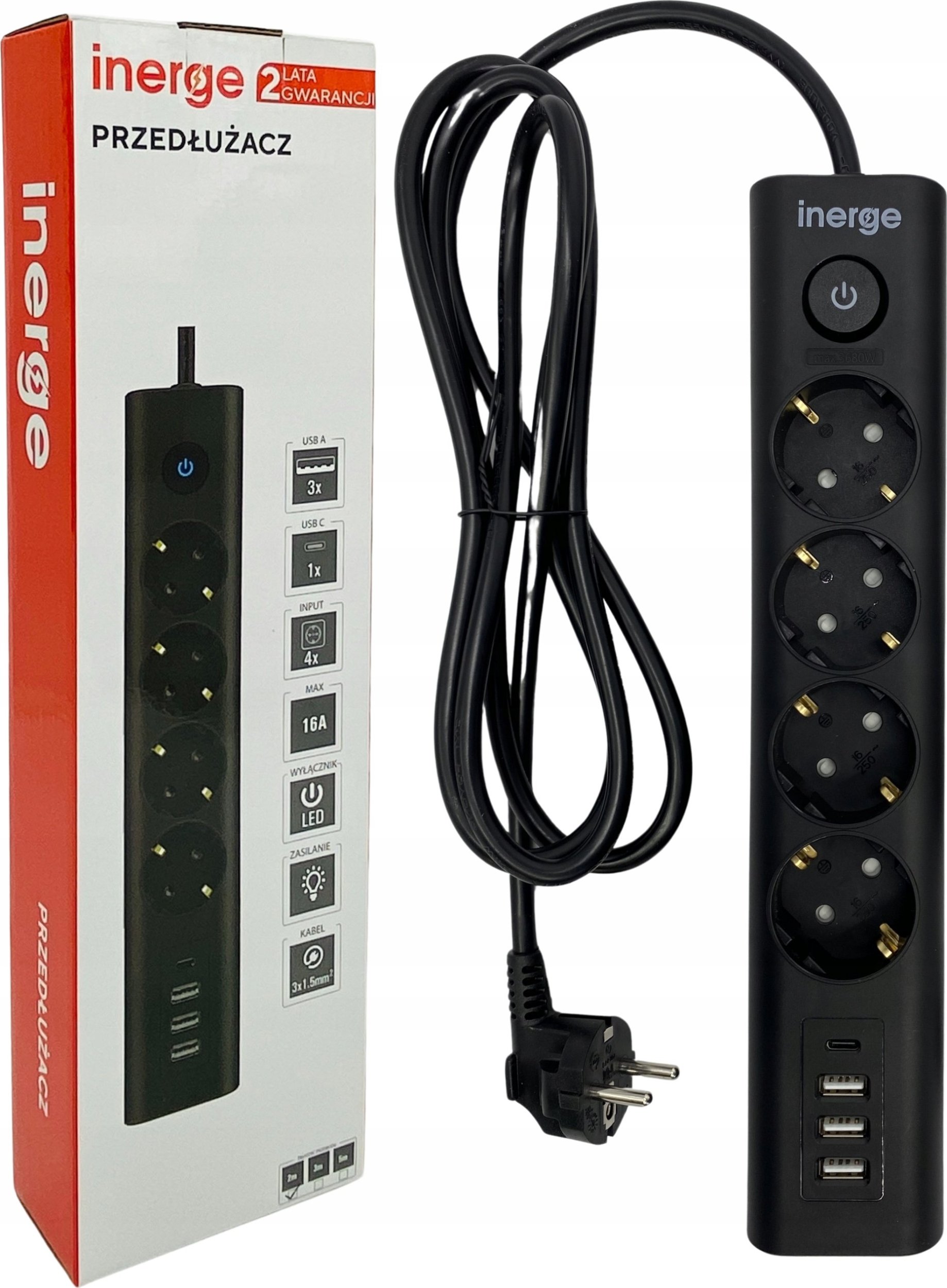 Inerge Przedłużacz INERGE 4-gniazdowy 3m ECS-0431-03-B