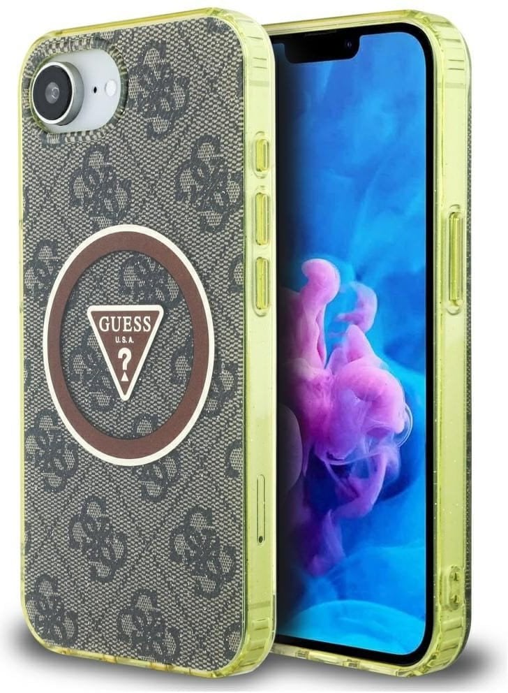 Case Guess IML Metal Glitter 4G Circle Triangle MagSafe for iPhone 16e brown