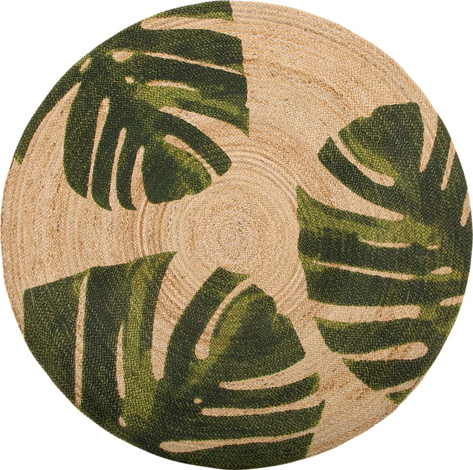 Shumee Dywan okrągły z juty w liście monstery 140 cm beżowo-zielony INCIK