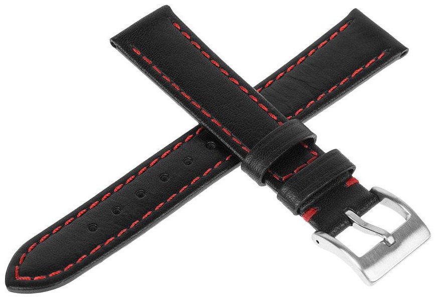 Skórzany pasek do zegarka Connect A03 20 mm czarny czerwona nitka .